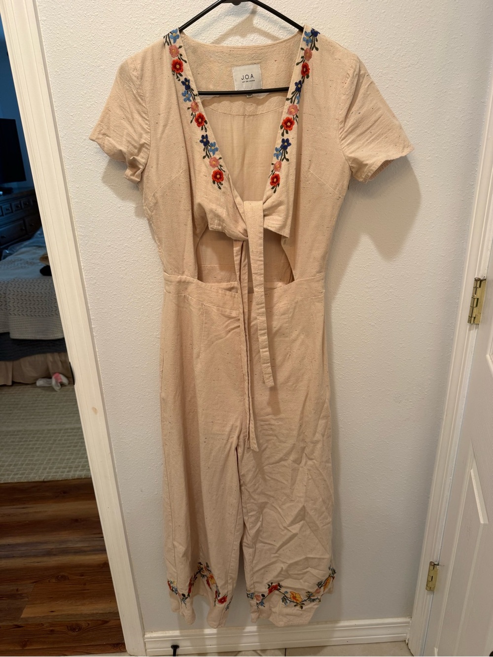 J.O.A. Cream Embroidered Tie-Front Long Sleeve Jumpsuit